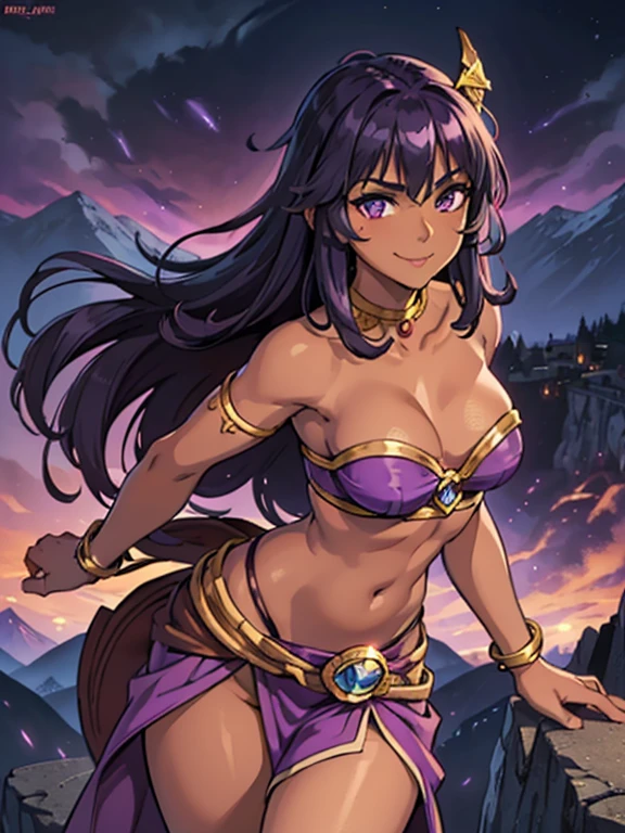 (best quality:1.3), (4K quality),masterpiece, best quality, high res, detailed, vibrant colors, (Detailed face:1.2), (Detailed eyes:1.2), (Perfect figure:1.2), Fantasy style, Fantasy environment solo, 1girl, 25 year old woman, sorceress, (Dark skin:1.5), purple hair, wavy hair, long hair, purple eyes, mascaras purple eyeshadow, smile, purple lipstick, skin covered in purple markings, medium breasts, waist, slender legs, attractive body, slim figure, perfect shape, (Wearing:golden headpiece, purple strapless top, purple loincloth, pelvic curtain, golden armlets), looking at viewer with an amused smile, both hands glowing bright purple, purple magic, bright purple sparks in both hands, BREAK (Night time, outdoors, dark clouds in the sky, purple lighting, stone temple, stone structures, on the mountain top, gorgeous view of the mountains)