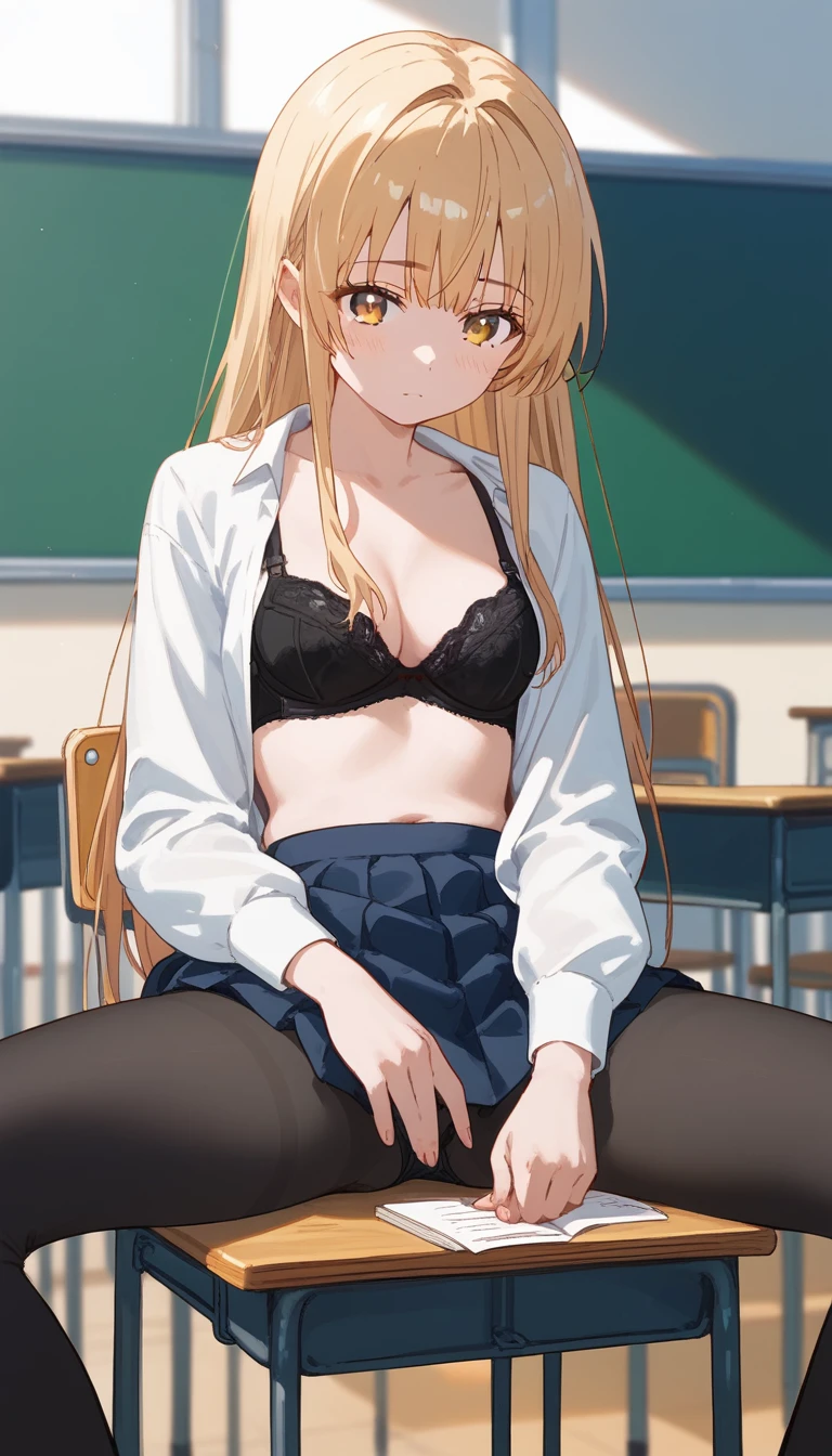 masterpiece,Ultra HD,score_4_onBREAK source_anime,可愛いanimeイラスト, masterpiece,high resolution,alone,mahirushiina,One girl,Blonde,Long Hair,,Show your underwear,Black Bra,black tights,School,classroom,nsfw,Sitting,Spread your legs,