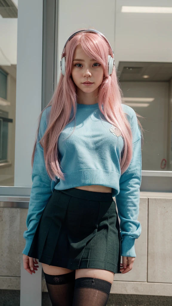 {a young woman with long pink hair, pink anime eyes. She is wearing a large light blue sweater, yes face is beautiful, her face is super cute, her face is super pretty, his face is super cute,((a green skirt)) and black stockings. He has blue headphones on., with a thoughtful and slightly worried expression. The young woman stands with her body slightly leaning forward, looking down at the viewer, shyly . His pose denotes a state of reflection and perhaps a slight uncertainty..}