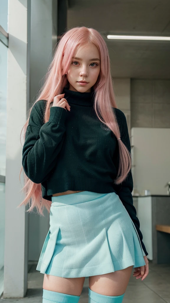 {a young woman with long pink hair, pink anime eyes. She is wearing a large light blue sweater,  yes face is beautiful, her face is super cute, her face is super pretty, his face is super cute,((a green skirt)) and black stockings. He has blue headphones on., with a thoughtful and slightly worried expression. The young woman stands with her body slightly leaning forward, looking down at the viewer, shyly . His pose denotes a state of reflection and perhaps a slight uncertainty..}
