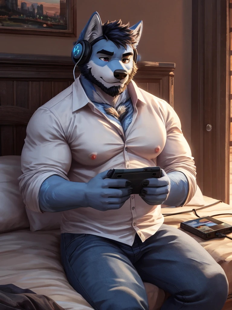 ((best quality)), ((masterpiece)), (Ultra detailed), ((4k)) , Solo , Anthro Wolf , Light Blue Fur , Black Short Hair , Short Beard , Handsone , Middle Ages , Big Pecs chest , Fat Body , Playing Game , Headphone  , Bedroom , Sit In Bed , collared shirt, Jean pants , Cover