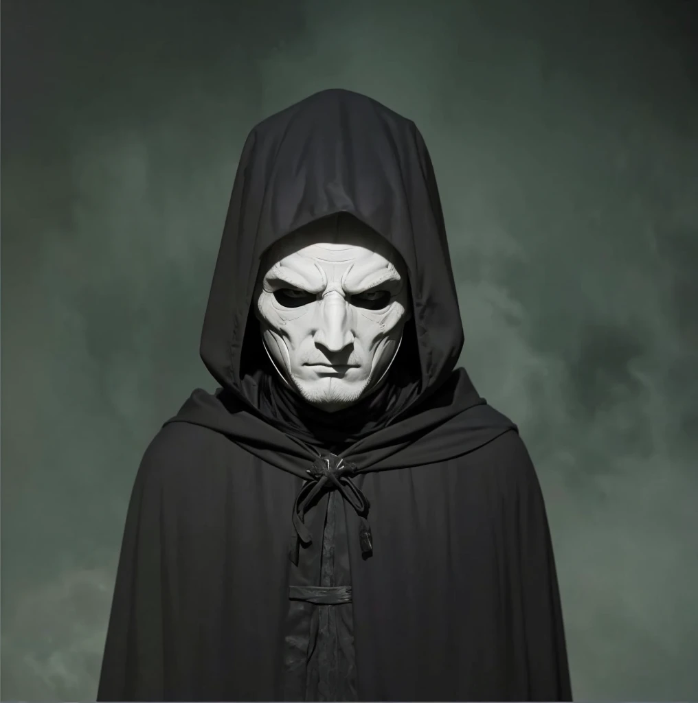 a medieval man wearing a black cloak, mask, medieval clothing, white mask , dramatic lighting, cinematic, dark fantasy, moody atmosphere, chiaroscuro , white mask , black blood under the eye , black smoke around the eyes
