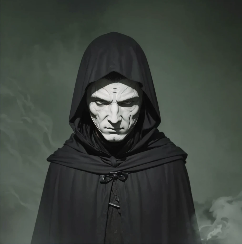 a medieval man wearing a black cloak, mask, medieval clothing, white mask , dramatic lighting, cinematic, dark fantasy, moody atmosphere, chiaroscuro , white mask , black blood under the eye , black smoke around the eyes