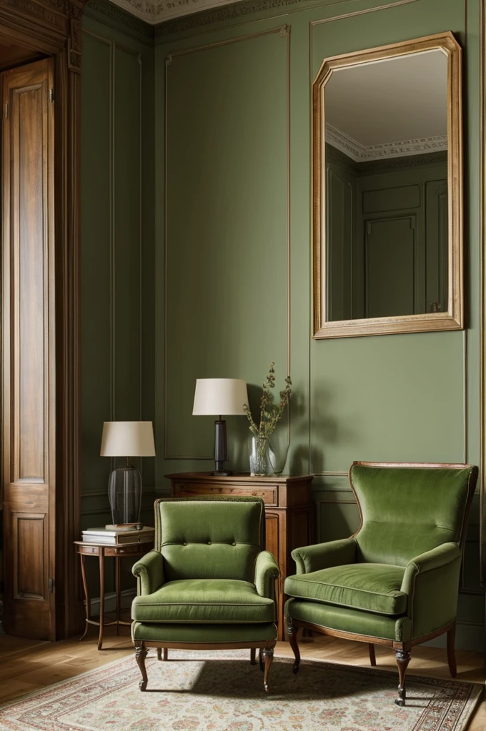 a room , with chestnut brown armchairs and furniture , the walls painted thyme green
