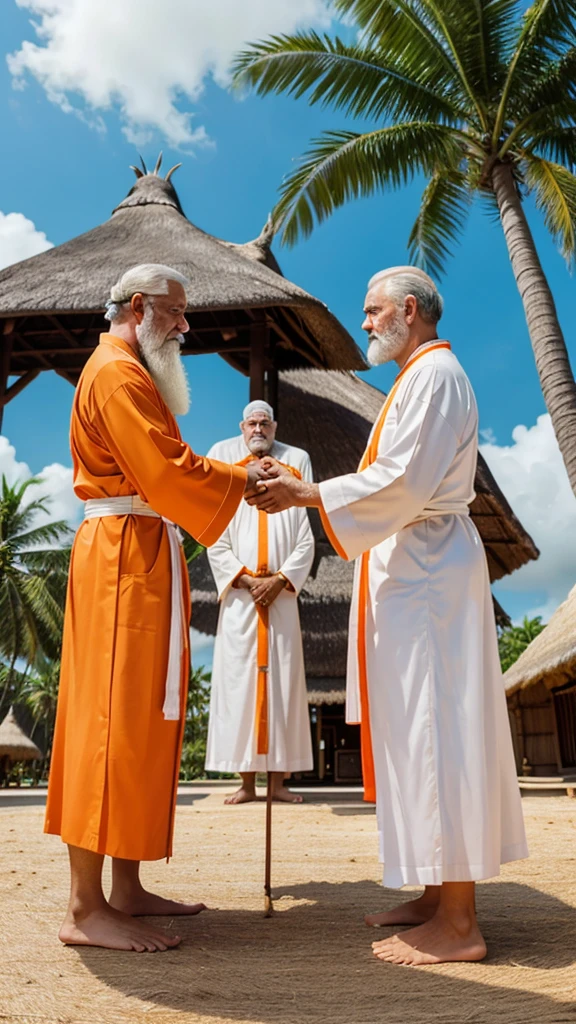 An animated scene shows a man in regal attire bowing with hands pressed together before an older man with a long white beard, dressed in orange and white robes. They are standing in front of traditional thatched-roof huts with palm trees and greenery in the background, under a partly cloudy sky.