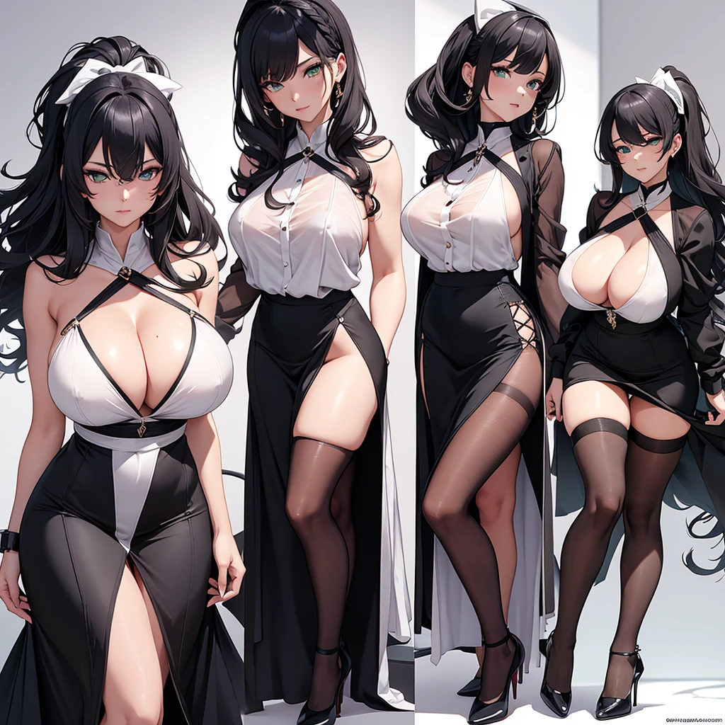 a hentai anime woman with a mature body, but still with youthful features, with hyperdimensional breasts and ass. She has a sensual face, with smooth skin and lights of experience in her piercing green eyes. Her hair is long and wavy, the color of dark coffee, falling in cascades over her shoulders and back. Dress her in a seductive set of clothes: a tight pencil skirt, showing off her sweeping curves, and a semi-transparent white blouse, which reveals her areolas and erect nipples beneath the delicate black mesh. The skirt has a deep neckline, highlighting her immense and voluptuous front, while the blouse has a bow at the back of her neck, hugging her even more and showing off her soft, sweaty skin. Furthermore, she wears thin black stockings with lace details on her legs, and high-heeled shoes with heels, which highlight her height and make her posture even more seductive.