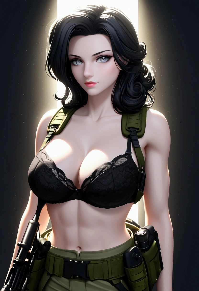 radiant lighting, vibrant colors, whimsical atmosphere, 8K, high resolution, highly detailed, masterpiece, ((my little pony)), (white and black hair), (pale body), (gray eyes) seductive face, tactical gear, standing, big breasts, bra