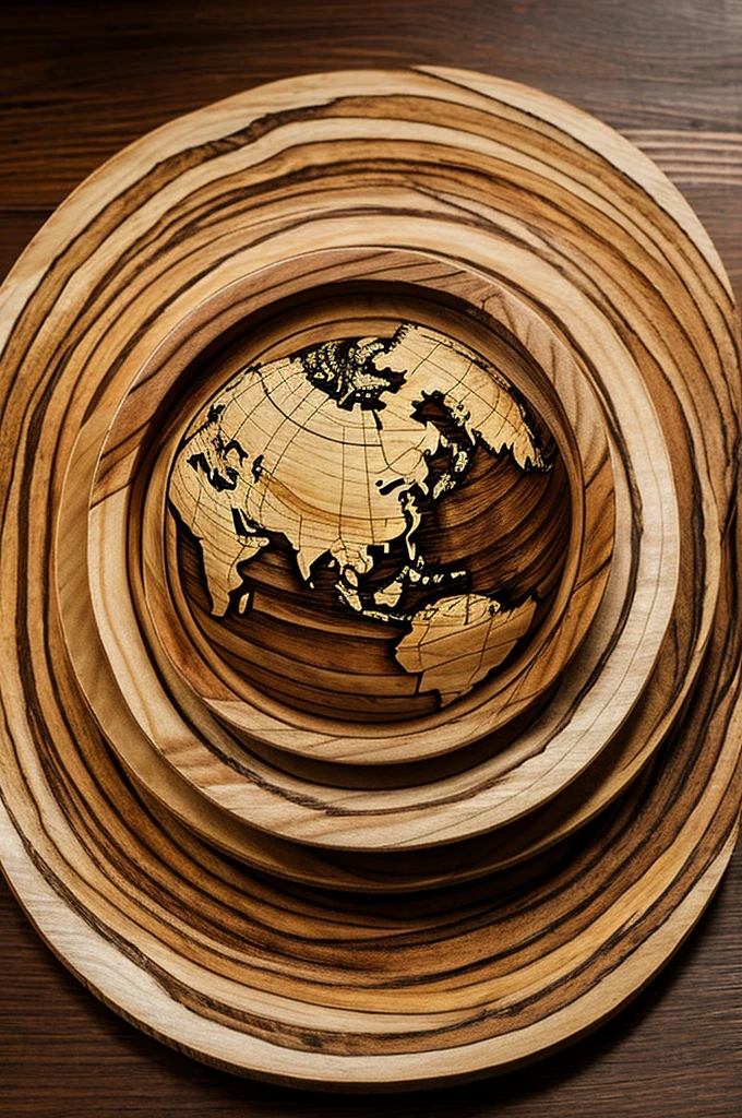 The American continents are depicted on a wooden plate., Asian, European, African