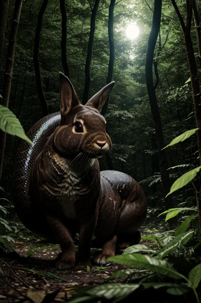 In a mysterious dark forest, a rabbit is eating leaves, and from the darkness, a large snake with big eyes is watching it.[Imagine this scene as an image.]