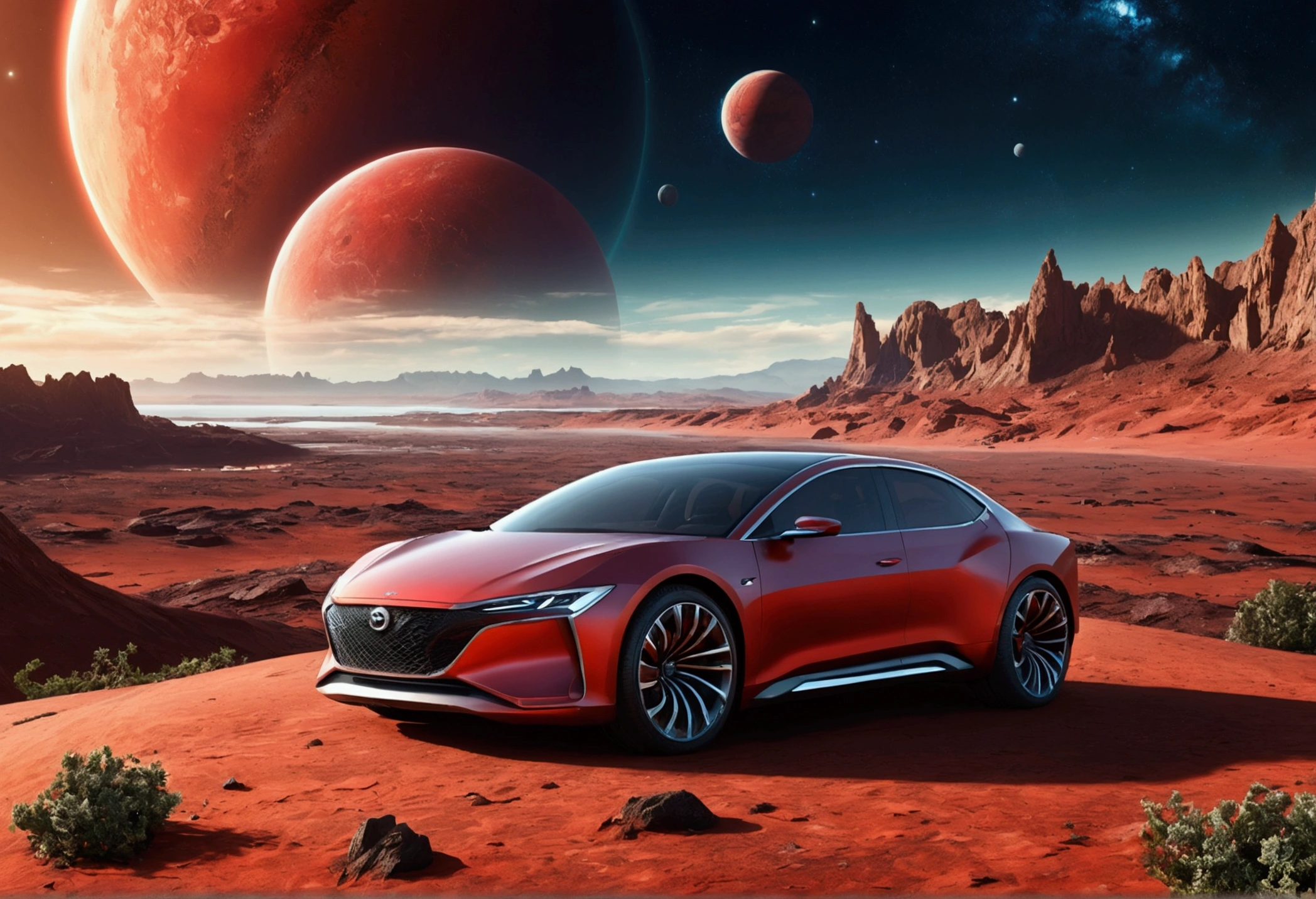 a space art Galactic Landscape, shoreline, sky with big red planet , conceptual artwork, vector, high qualiy, Viewing great details, engine unreal, octane rendering, Ultra high qualiy, ultra-high resolution, surreal, Color Correct, Good Lighting Settings, good composition, sharp edges, harmonious composition, ultra precise, master part, award-winning work, defined plants, perfect composition, well-defined circular planet, concept car in front of the landscape.