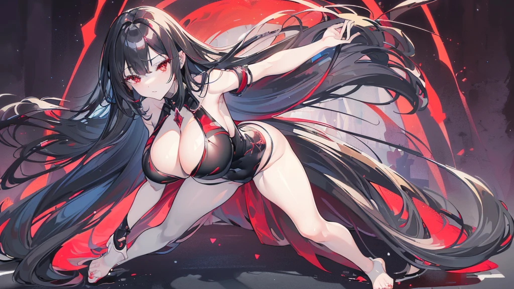 (Exquisite eyes),(Clear and beautiful eyes:1.61),masterpiece, 1 young girl,(Black clothes and some red gems), Black long hair, (She has a huge red gem on her chest), Good Hand,((The Havoc of StarCraft)),full-body shot,Fighting Stance,(Red Eyes:1.466)，short and small,(Very big breasts:1.35),(Pretty Face),(full-body shot:1.33),Beautiful hands