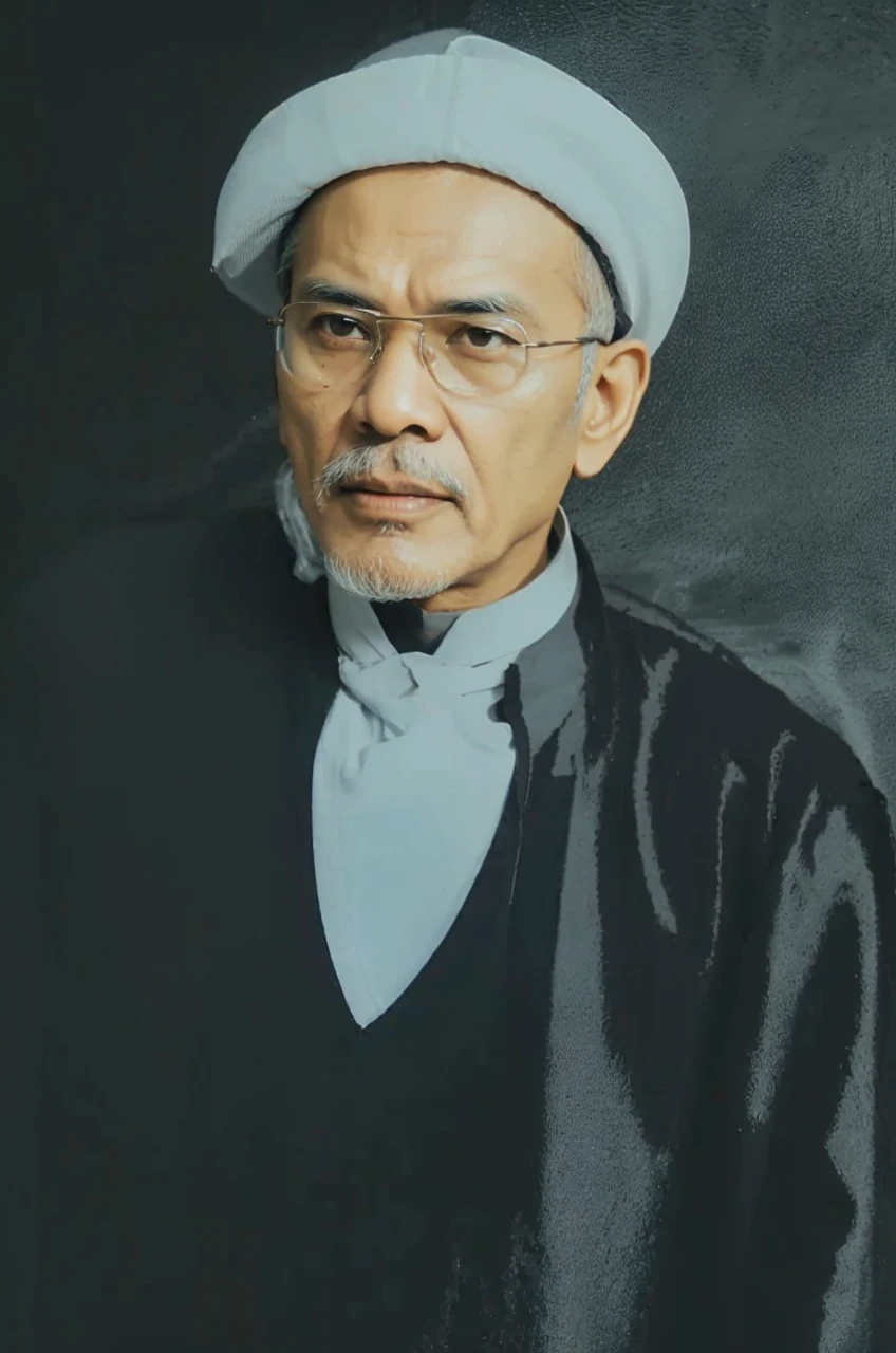 Indonesian Muslim man, wrinkled brown skin, aged 50 years or above, wearing a white head covering, black robe/kurta/jubbas, wearing small transparent glasses, sharp nose, thin lips, not too long beard, clear clean eyes, black eyebrows slightly gray. Very realistic images, ultra HD quality.