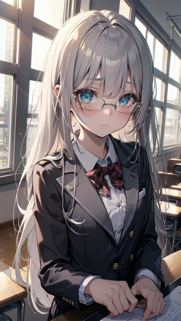 (masterpiece), (best quality), ((very detailed)), (very delicate), (A young girl), cyan eyes, sparkling eyes, droopy eyes, boston eyewear, worried,(Silver gray hair),Short messy hair, Barrette, Medium chest, Blazer uniform , platinum blonde, White skin, classroom, Sunset rays shining through the window, Downcast eyes, lack of confidence, scared of people, afraid, bullied at school, Muddy ,