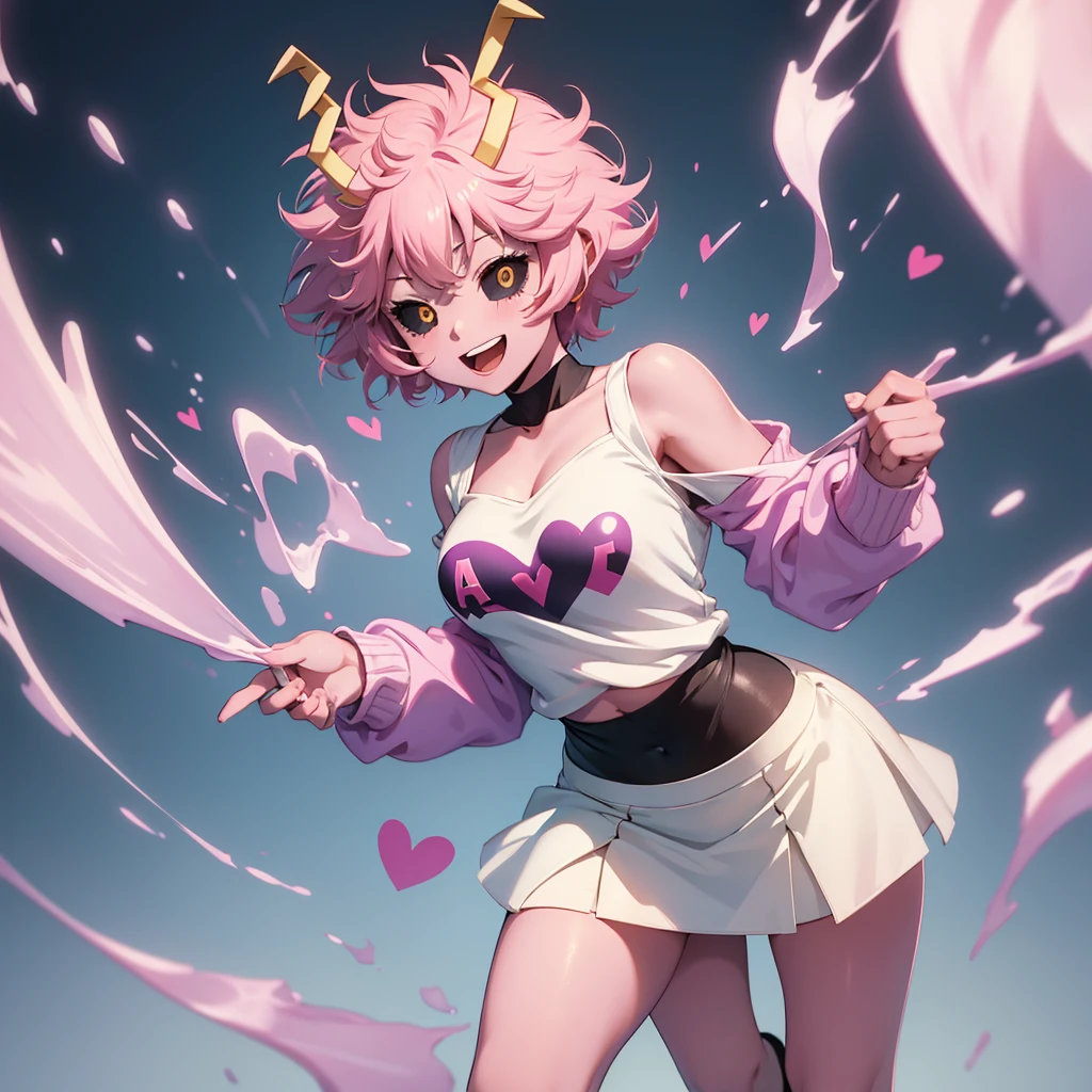 mina ashido, 1 girl, Alone, looking at viewer, Smile, short hair, open mouth, simple background, long sleeves, white background, Bare shoulders, collarbone, yellow eyes, pink hair, :d, heart, cowboy shot, horns,(wearing),+,(a hyper short, hyper tight pencil skirt and a hyper sexy white blouse)