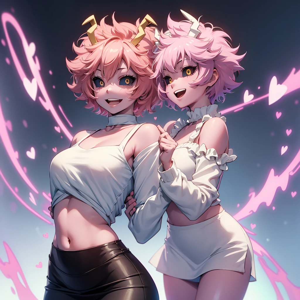 mina ashido, 1 girl, Alone, looking at viewer, Smile, short hair, open mouth, simple background, long sleeves, white background, Bare shoulders, collarbone, yellow eyes, pink hair, :d, heart, cowboy shot, horns,(wearing),+,(a hyper short, hyper tight pencil skirt and a hyper sexy white blouse) 