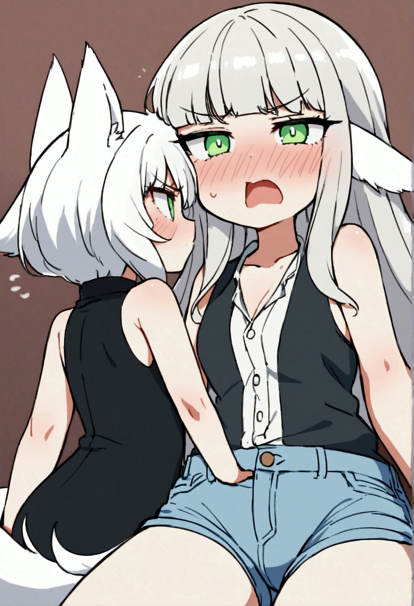 beautiful fox girl alvina blanca, beautiful green eyes, long white hair, light blue short jean shorts, black sleeveless sole, white ears , White glue, blushing angry