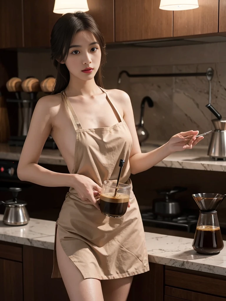 Ultra HD realistic photos of a young Asian beauty, completely nude in front with only a short apron, brewing siphon coffee.