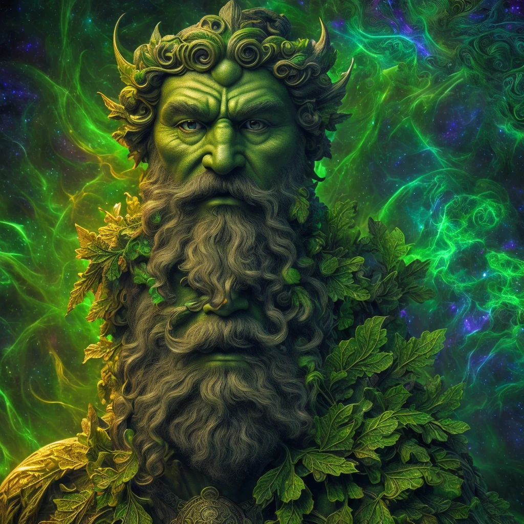 (High resolution, incredibly detailed, masterpiece), a precise symmetric center balanced (single face only) portrait of (one masculine Gaelic Greenman), green (oak leaves) floating, colorful (mystic swirling mists), featuring fractal geometry in (vibrant colors:0.8), set against a (galactic background:1.2), bringing together complex, mesmerizing shapes and patterns, dmt, fractal art, holy light.