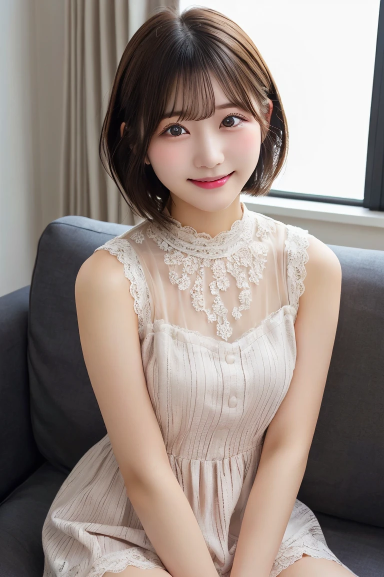 Highest quality、（beautiful）、Super delicate eyes、Brown eyes、22-year-old female、、smile、looking at the camera、Semi-short hair、Gal、Lace Mini Dresses、Sleep on the sofa