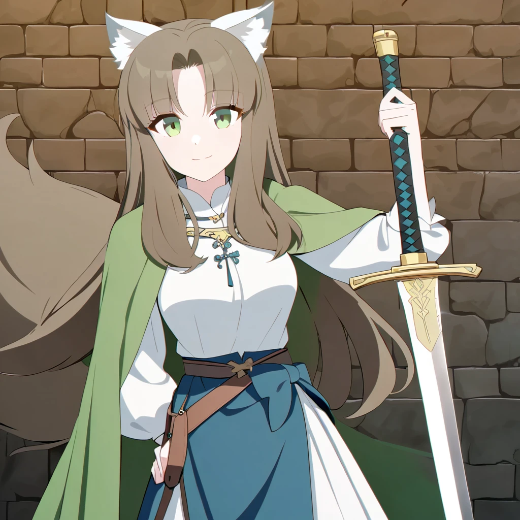 Woman with large brown hair, greenish eyes, white wolf ears and tail, medieval skirt, sword at the side of her waist