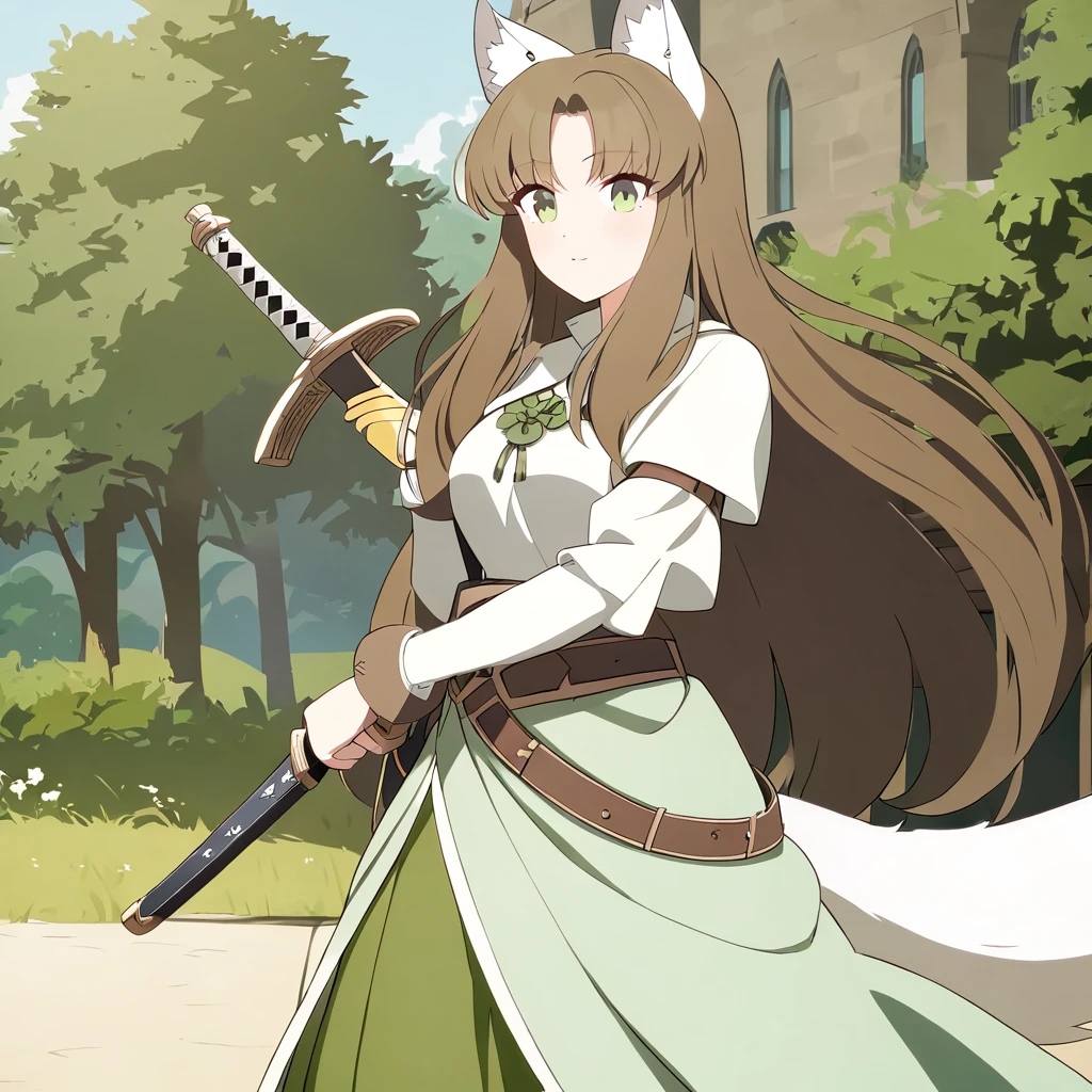 Woman with large brown hair, greenish eyes, white wolf ears and tail, medieval skirt, sword at the side of her waist