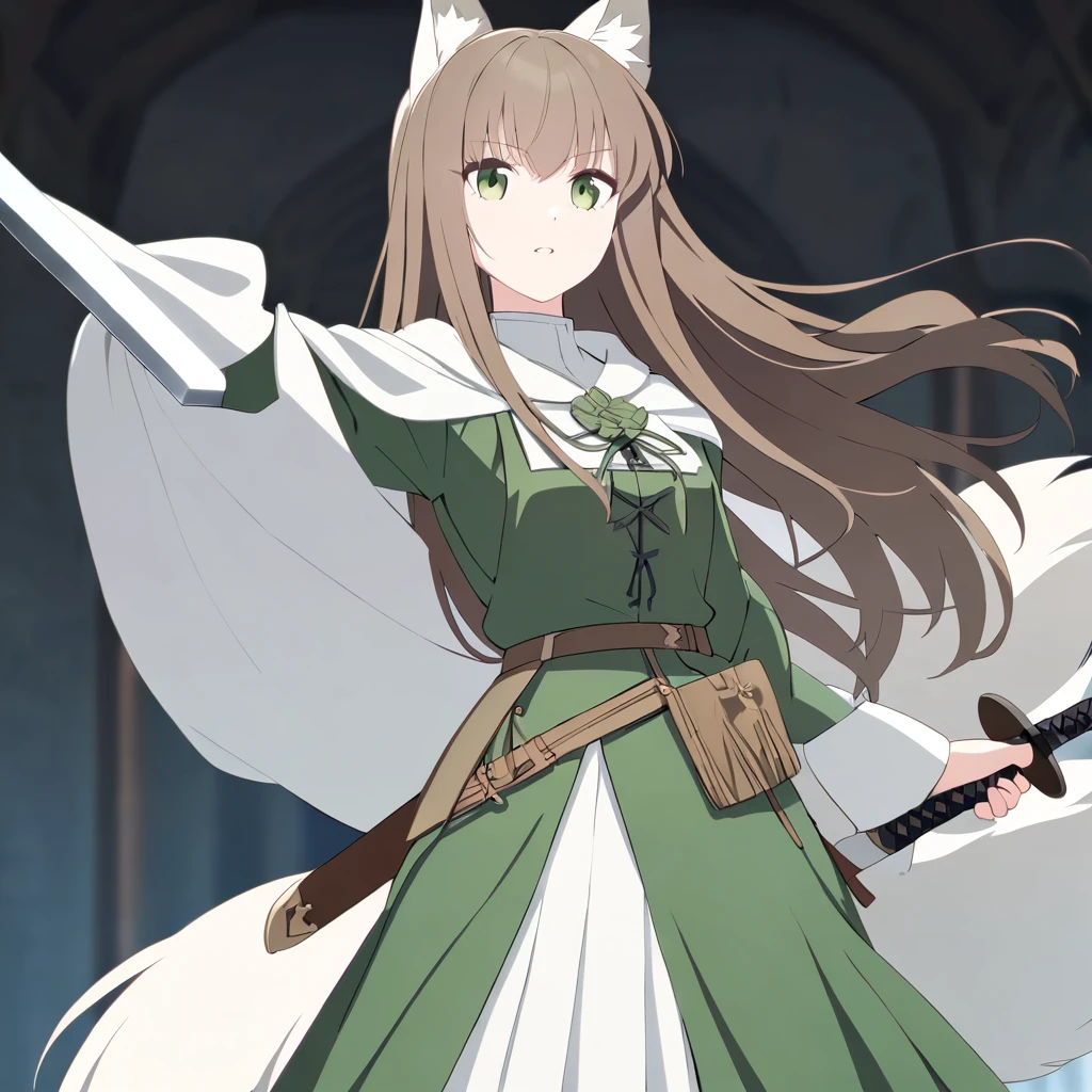 Woman with large brown hair, greenish eyes, white wolf ears and tail, medieval skirt, sword at the side of her waist