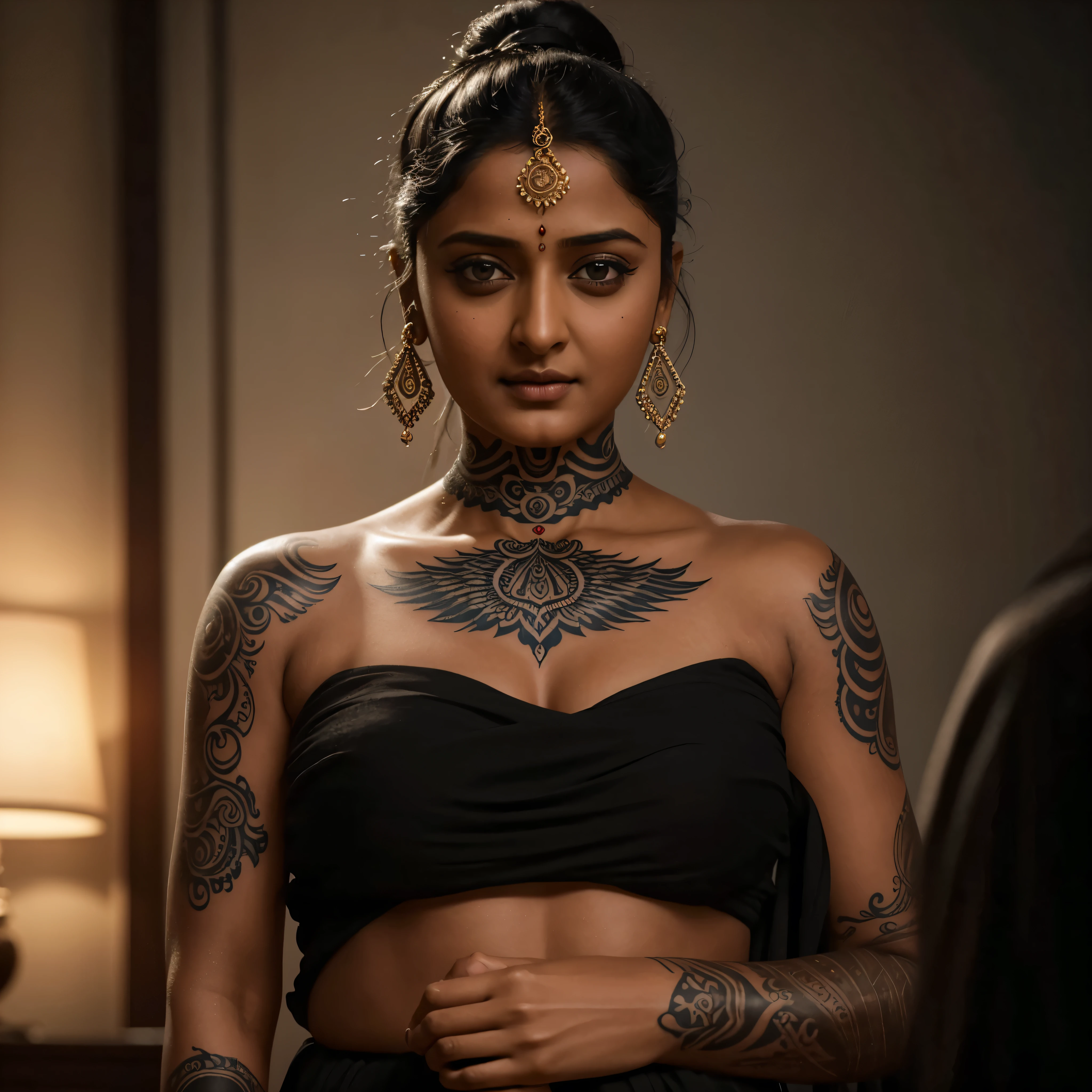Looks like Anushka Shetty, her neck tattoo is alive, it rises from 2D skin surface to 3D life, flowing from her skin into her dark shadow world, it rises from the haunted woman, the beautiful intricacy of the tattooed line lives and breathes, it becomes something else, the line transforms her and us, the viewer