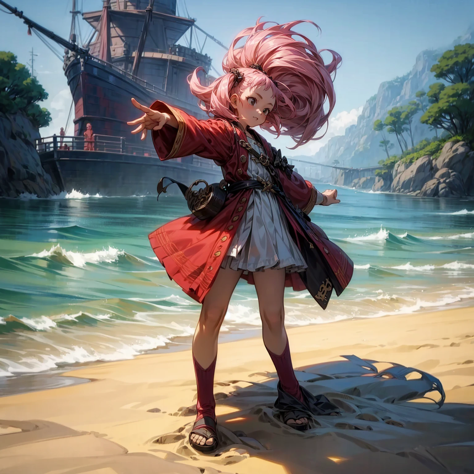 1childern girl, Full body version, 1character, children version, black eyes, long Curly haircut, pink colour hair, ancient pirate style clothing, red colour clothing, Grassroots, background in beach, motion blur, (kawachi style art), standing gesture,