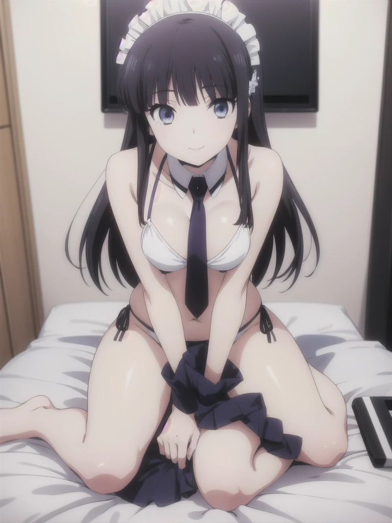 solo, 1girl, looking at viewer, 2D, anime, anime coloring, full body, (solid white background:1.3), miyuki shiba, maid bikini, porn, necktie, looking at viewer, smile,bed room,sleep position,