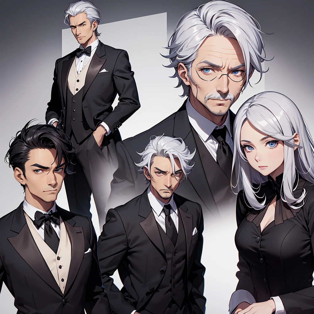 (anime),Imagine a 60-year-old male butler, tall and elegant, 1.86m tall. His posture is impeccable and his face denotes experience and wisdom. He has neatly combed gray hair and a short, well-groomed mustache. His eyes are blue and piercing, with striking expression lines around them that tell stories of years of faithful service. Use a hyper realistic look in this graphic design. The butler wears a traditional black suit, with red ties and gold buttons. His shirt is white and impeccable, with long sleeves and pleats. Tight pants and black leather gloves complete the sophisticated look. Add details to your expression, such as subtle wrinkles on your nose and forehead, showing your cunning and sagacious personality.