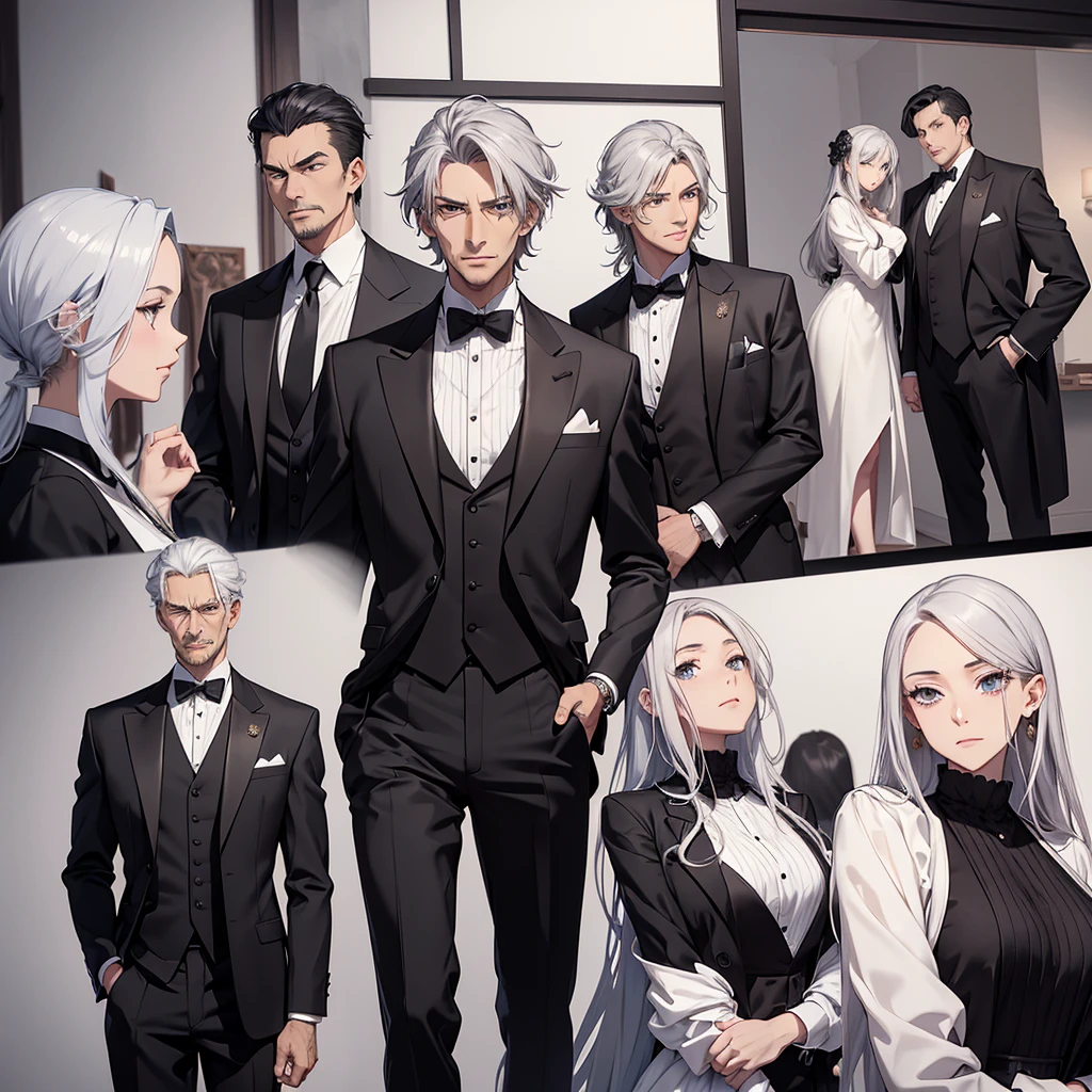(anime),Imagine a 60-year-old male butler, tall and elegant, 1.86m tall. His posture is impeccable and his face denotes experience and wisdom. He has neatly combed gray hair and a short, well-groomed mustache. His eyes are blue and piercing, with striking expression lines around them that tell stories of years of faithful service. Use a hyper realistic look in this graphic design. The butler wears a traditional black suit, with red ties and gold buttons. His shirt is white and impeccable, with long sleeves and pleats. Tight pants and black leather gloves complete the sophisticated look. Add details to your expression, such as subtle wrinkles on your nose and forehead, showing your cunning and sagacious personality.