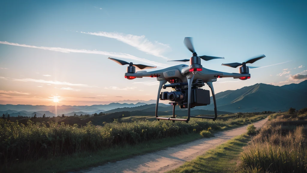 Realistic drone with sky background.