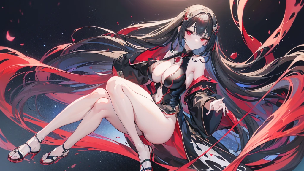 (Exquisite eyes),(Clear and beautiful eyes:1.61),masterpiece, ung girl,(Black clothes and some red gems), Black long hair, (She has a huge red gem on her chest), Good Hand,((The Havoc of StarCraft)),full-body shot,Fighting Stance,(Red Eyes:1.466)，short and small,(Very big breasts:1.35),(Pretty Face),(full-body shot:1.33),Beautiful hands