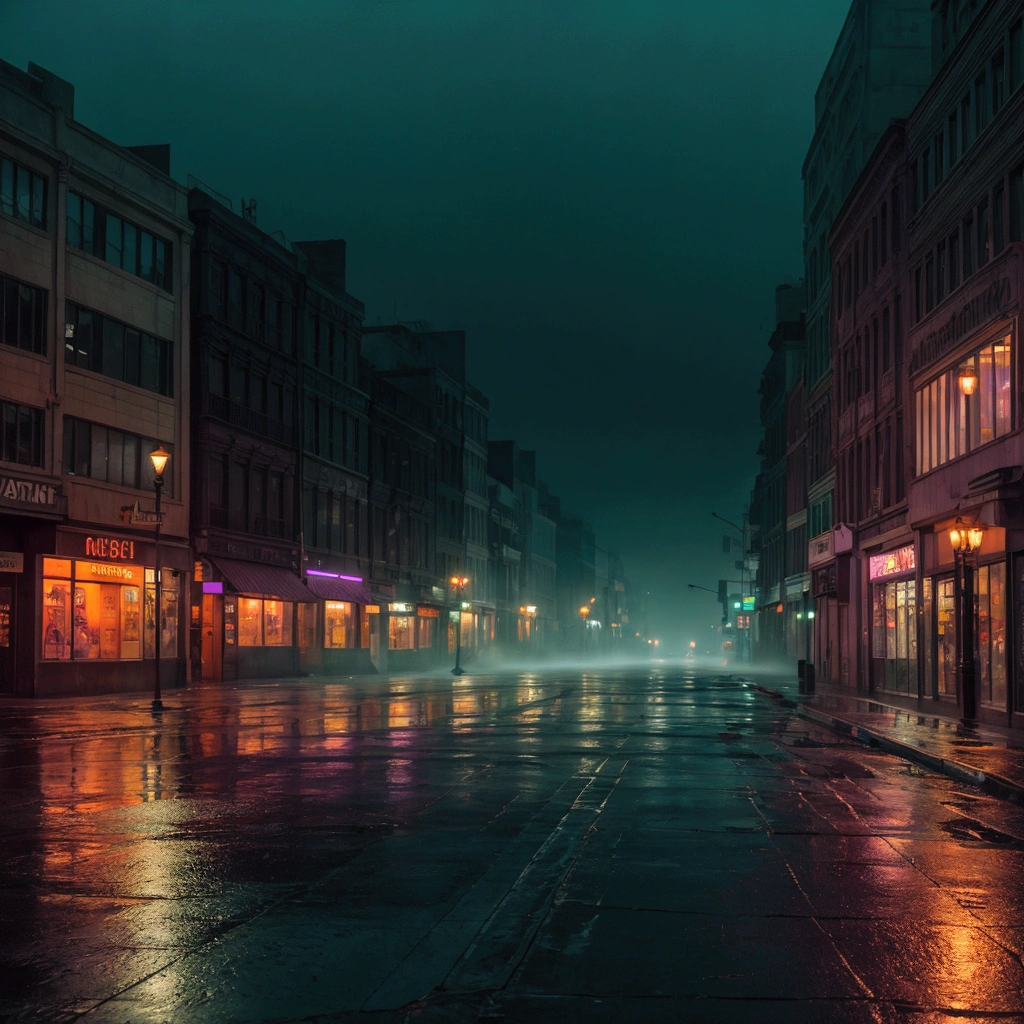 a desolate city street corner with flickering streetlights and empty storefronts, thick fog, wet street reflections, muted dark green, oranges and purples, foreboding mood, midnight