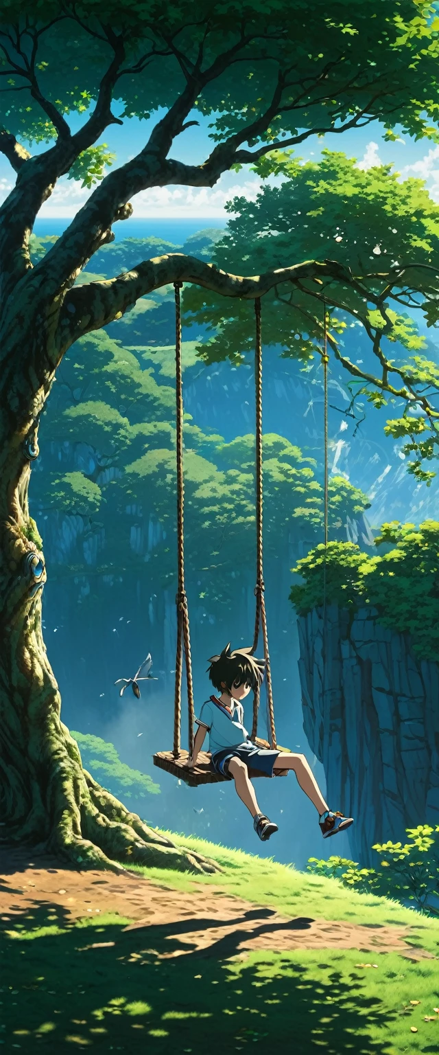 High quality, 8K Ultra HD. anime landscape of a boy on a tree swing, shadows of the tree, on a hinkai cliff, beautiful anime scene, dreamy, majestic, 4k anime wallpaper, incredible art by Bob Byerley , AshleyWoodArtAI, greg rutkowski