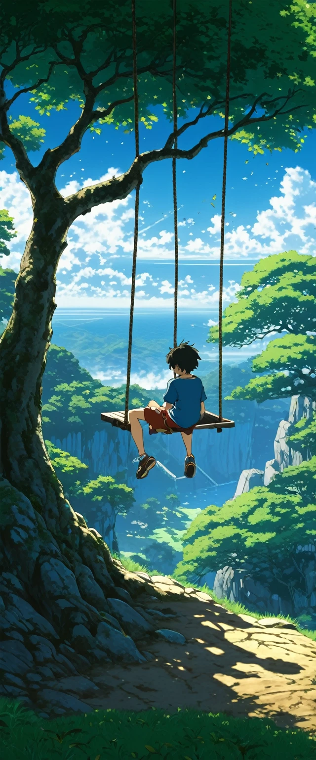 High quality, 8K Ultra HD. anime landscape of a boy on a tree swing, shadows of the tree, on a hinkai cliff, beautiful anime scene, dreamy, majestic, 4k anime wallpaper, incredible art by Bob Byerley , AshleyWoodArtAI, greg rutkowski