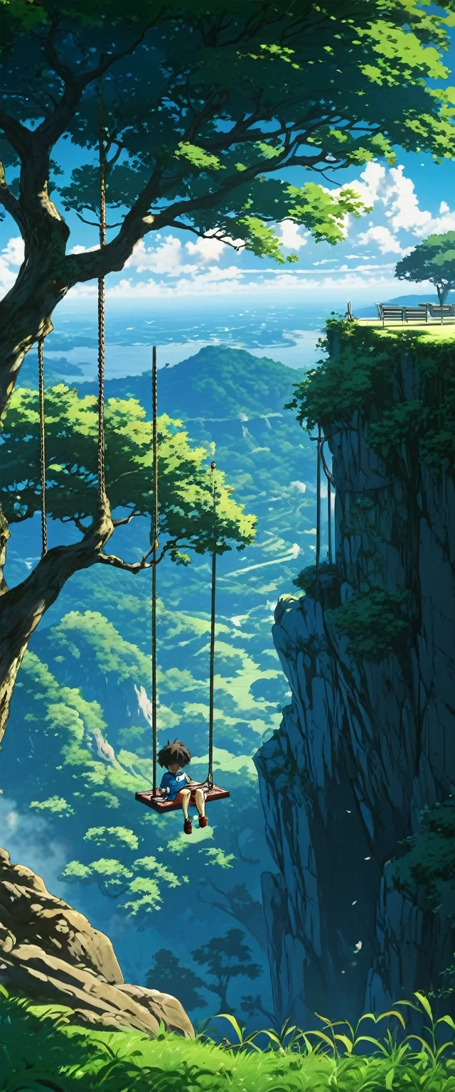 High quality, 8K Ultra HD. anime landscape of a boy on a tree swing, shadows of the tree, on a hinkai cliff, beautiful anime scene, dreamy, majestic, 4k anime wallpaper, incredible art by Bob Byerley , AshleyWoodArtAI, greg rutkowski