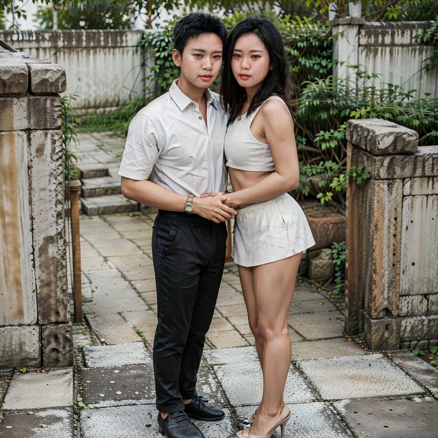 (best quality, masterpiece), (full body view), (a couple), (Burmese girl and a boy black hair), (pretty lady MoonLay), (short lady),  (shirt tug inside waist high mini skirt and high heel), (asian man), (1man), (tall man), (shirt and trouser and shoes), romantic pose, tight, particle, wind, flower, upper body, simple background, looking at viewer,
