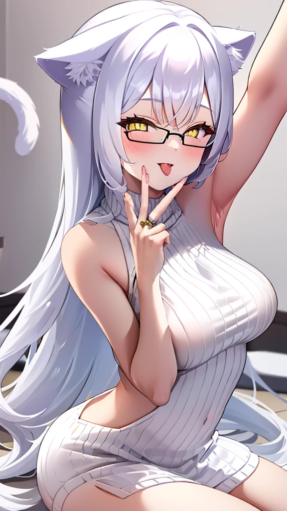 A 20-year-old female angel with long hair, white hair, yellow eyes, cat ears, cat tail, and white angel wings. A glowing yellow halo ring overhead. Wear round glasses (White halter turtleneck sweater, white purekiller sweater, sleeveless,  backless sweater, white dress) White arm warmers, stick out tongue, bedroom