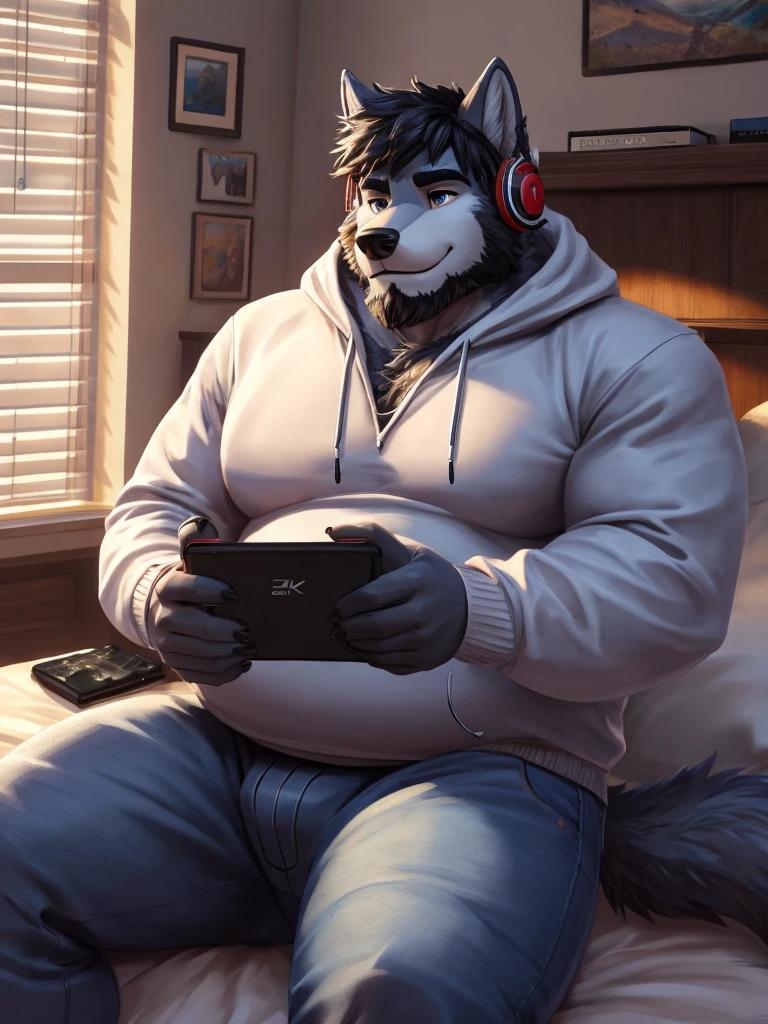 ((best quality)), ((masterpiece)), (Ultra detailed), ((4k)) , Solo , Anthro Wolf , Light Blue Fur , Black Short Hair , Short Beard , Handsone , Middle Ages , Big Pecs chest , Fat Body , Playing Game , Headphone , Bedroom , Sit In Bed , Sweatshirt , Jean pants , No Expose Body