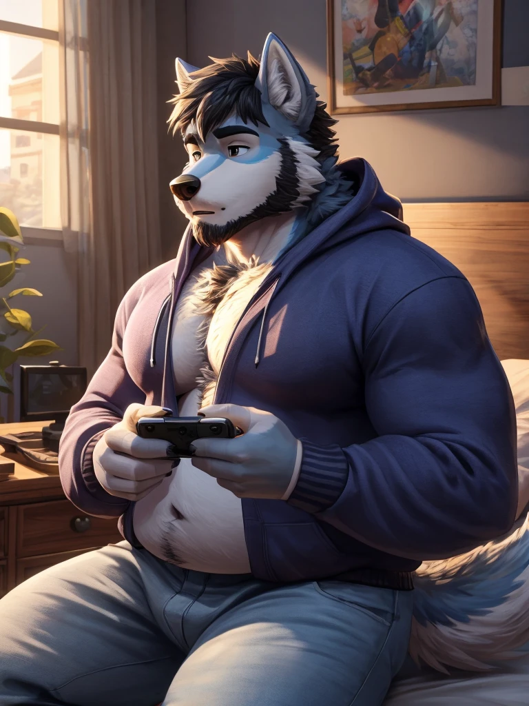 ((best quality)), ((masterpiece)), (Ultra detailed), ((4k)) , Solo , Anthro Wolf , Light Blue Fur , Black Short Hair , Short Beard , Handsone , Middle Ages , Big Pecs chest , Fat Body , Playing Game , Headphone  , Bedroom , Sit In Bed , Sweatshirt , Jean pants , No Expose Body