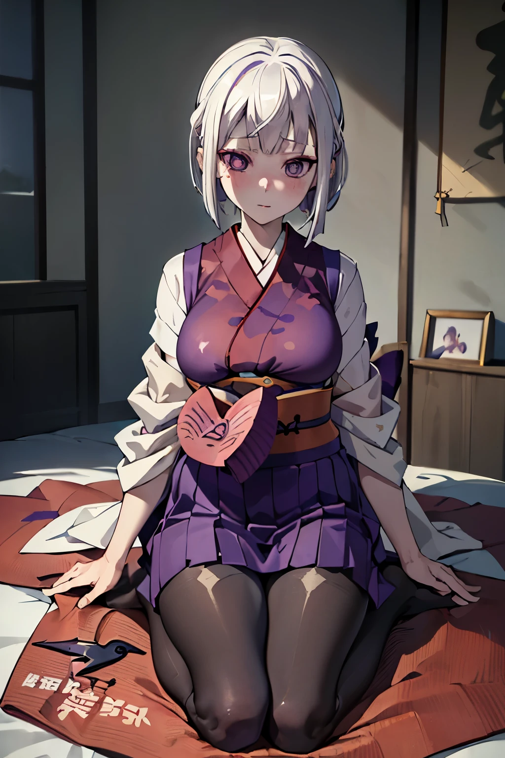 (Highest quality:1.1), (masterpiece:1.4), (Absurd:1.0), Portrait, Close-up,
One Girl、Demon slayer、Amane Sanyashiki、Bobcut、Short white hair、Purple eyes、Big Breasts、((Graduation Hakama))、Looking at the audience、Bedroom、(blush:1.2)、Embarrassed expression、((pantyhose))、On the bed、((Kneeling))、