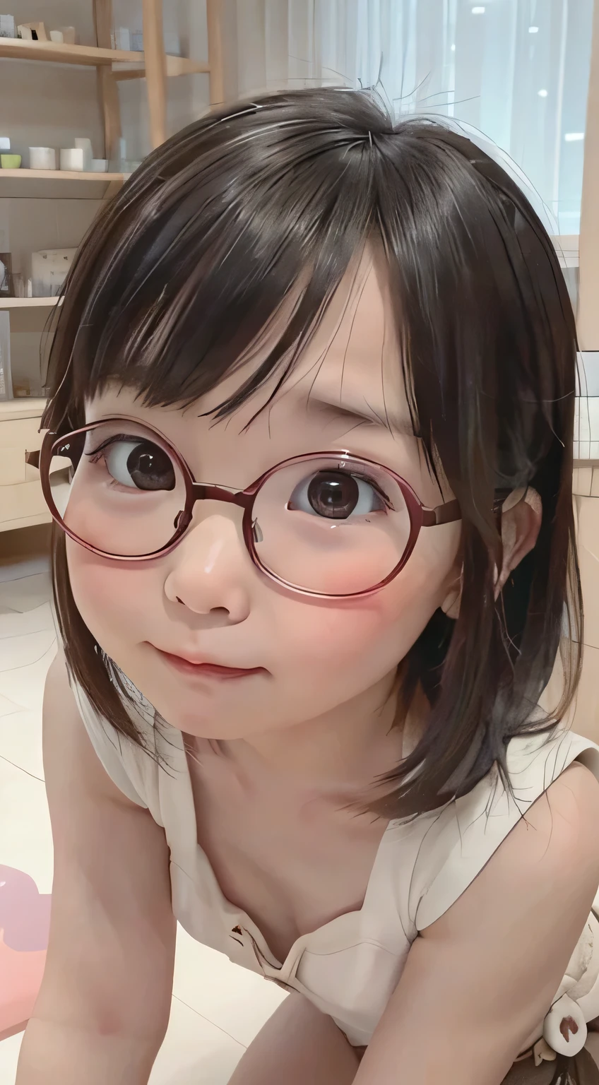 Highest quality, RAW Photos, Realistic, face, Incredibly beautiful girl, cute, length Hair,ponytail，Glasses，Written boundary depth, High resolution, Super detailed, detailed, Very detaileded, extremely detaileded eye and face, Sharp pupils, Realistic students, Sharp focus, Cinema Lighting, Japanese, Short Woman,  Physical build, Arms are short, length, Narrow eye, Fleeting atmosphere, 10 , Brown Bob Hair, ((thin lips)), White swimsuit, masterpiece, Highest quality, Detailed skin, Detailed face, fine grain, 8K, Excellent anatomy, Full body portrait，flat breasts, small breasts, small,( small bust: 1.2), small bust, (slim, small, flat, small), thin, Delicate and sexy collarbone, One Girl, (beautiful girl, Delicate girl:1.3), (10 years old:1.3),
(((masterpiece,Highest quality,in 8K,Very detailed,High resolution,Anime Style))),
One girl,(Maid),making eye contact,(kneeling down at viewer'Foot and looking up at viewer:1.5),foot_Far apart,(Crouching in front of the viewer:1.1),from top to feet:1.3,Squat with your audience;Foot,((Open your mouth, squint_eye:1.2)),full-face_blushed,Sweaty_odor,(sodden face and sodden chest),full-face_blush,face_concentrated,leather_dog_Collar with chain:1.2,((Chained_bondage)),(Immerse up to the skin),グrace,Plea,swing_chest,race,(drunkenness),completely beautiful Japanese face,double eyelid, Double eyelashes,Lip detailed,carefully render the textures of skin and hair,perfection_teeth:1.3,short_Bob_hair,
,clean_white_floor,Glasses,