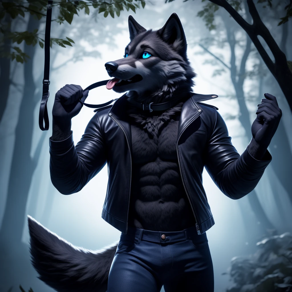 Posing Male, 30 years old, cute, eyeliner, mouth open with tongue hanging out, black leather jacket, anthro, wolf ears, (black fur:1.5), wolf, forest background, 8k, hi res, (best quality, masterpiece), (wolf tail:1.5), detailed fur, solo, blue jeens, blue eyes, surprised expression, holding collar in hand.