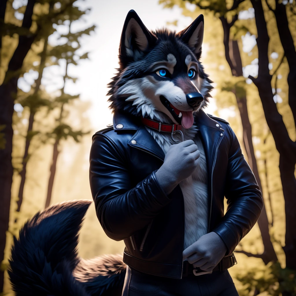 Posing Male, 30 years old, cute, eyeliner, mouth open with tongue hanging out, black leather jacket, anthro, wolf ears, (black fur:1.5), wolf, forest background, 8k, hi res, (best quality, masterpiece), (wolf tail:1.5), detailed fur, solo, blue jeens, blue eyes, surprised expression, holding collar in hand.