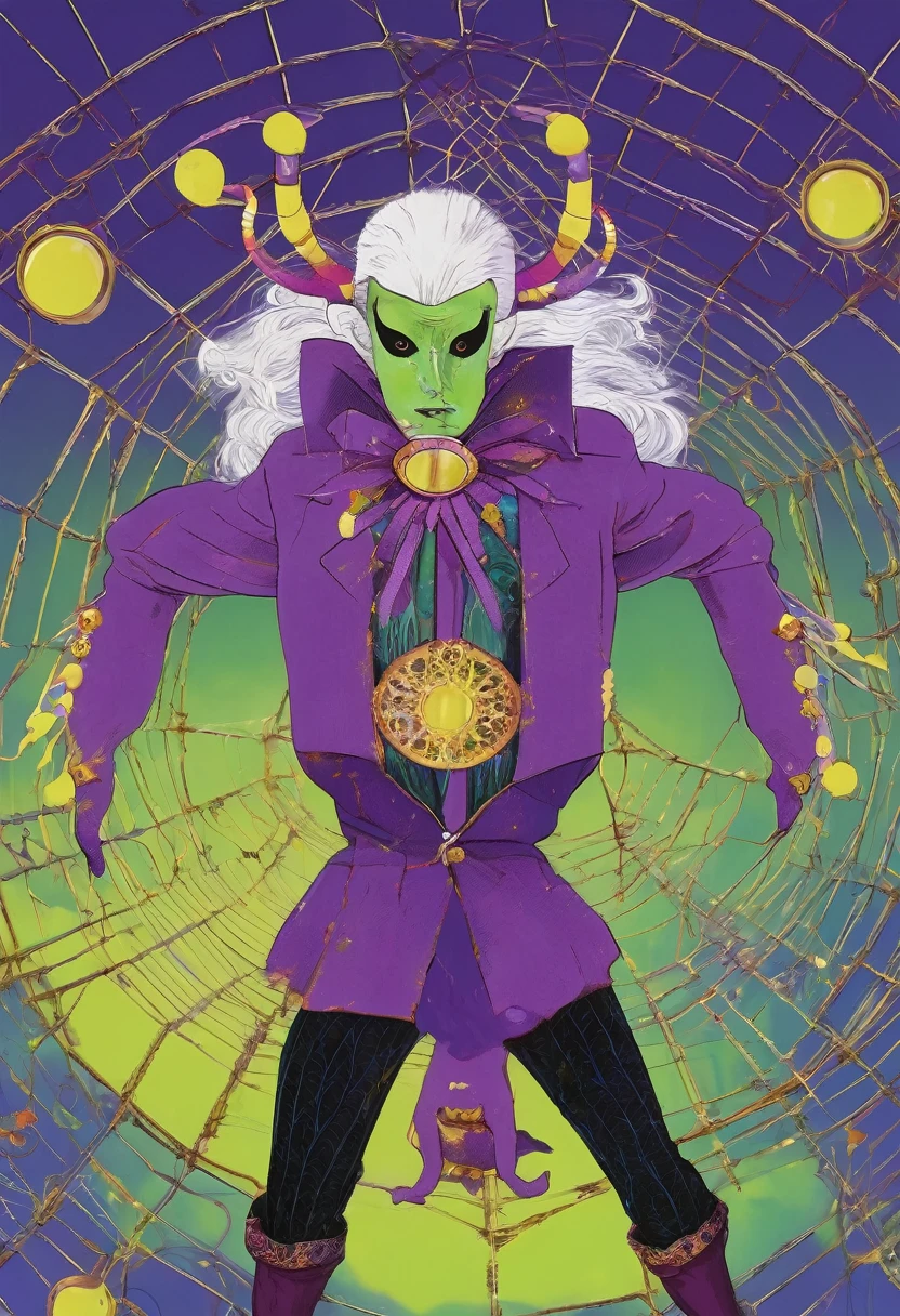 a very tall and white man, he is wearing an old French purple costume, he has six arms and wears yellow gloves on each of his six hands, he wears a purple wig with bangs and two buns and a white mask with red dots around the eyes that covers your entire face. He has a blue right eye and is blind in the left eye, he hangs from a green spider's web as if he were dancing, he is a strange and hideous yet strangely attractive monster.