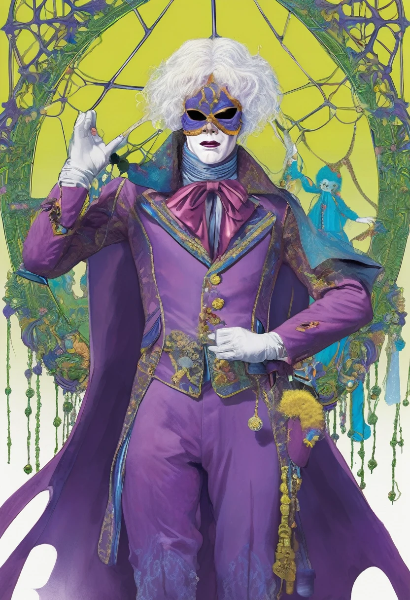 a very tall and white man, he is wearing an old French purple costume, he has six arms and wears yellow gloves on each of his six hands, he wears a purple wig with bangs and two buns and a white mask with red dots around the eyes that covers your entire face. He has a blue right eye and is blind in the left eye, he hangs from a green spider's web as if he were dancing, he is a strange and hideous yet strangely attractive monster.