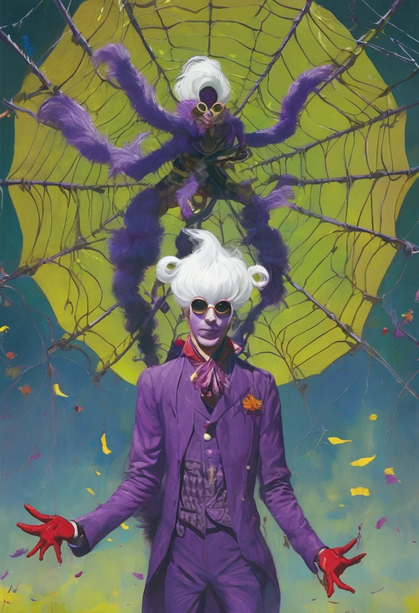 a very tall and white man, he is wearing an old French purple costume, he has six arms and wears yellow gloves on each of his six hands, he wears a purple wig with bangs and two buns and a white mask with red dots around the eyes that covers your entire face. He has a blue right eye and is blind in the left eye, he hangs from a green spider's web as if he were dancing, he is a strange and hideous yet strangely attractive monster.