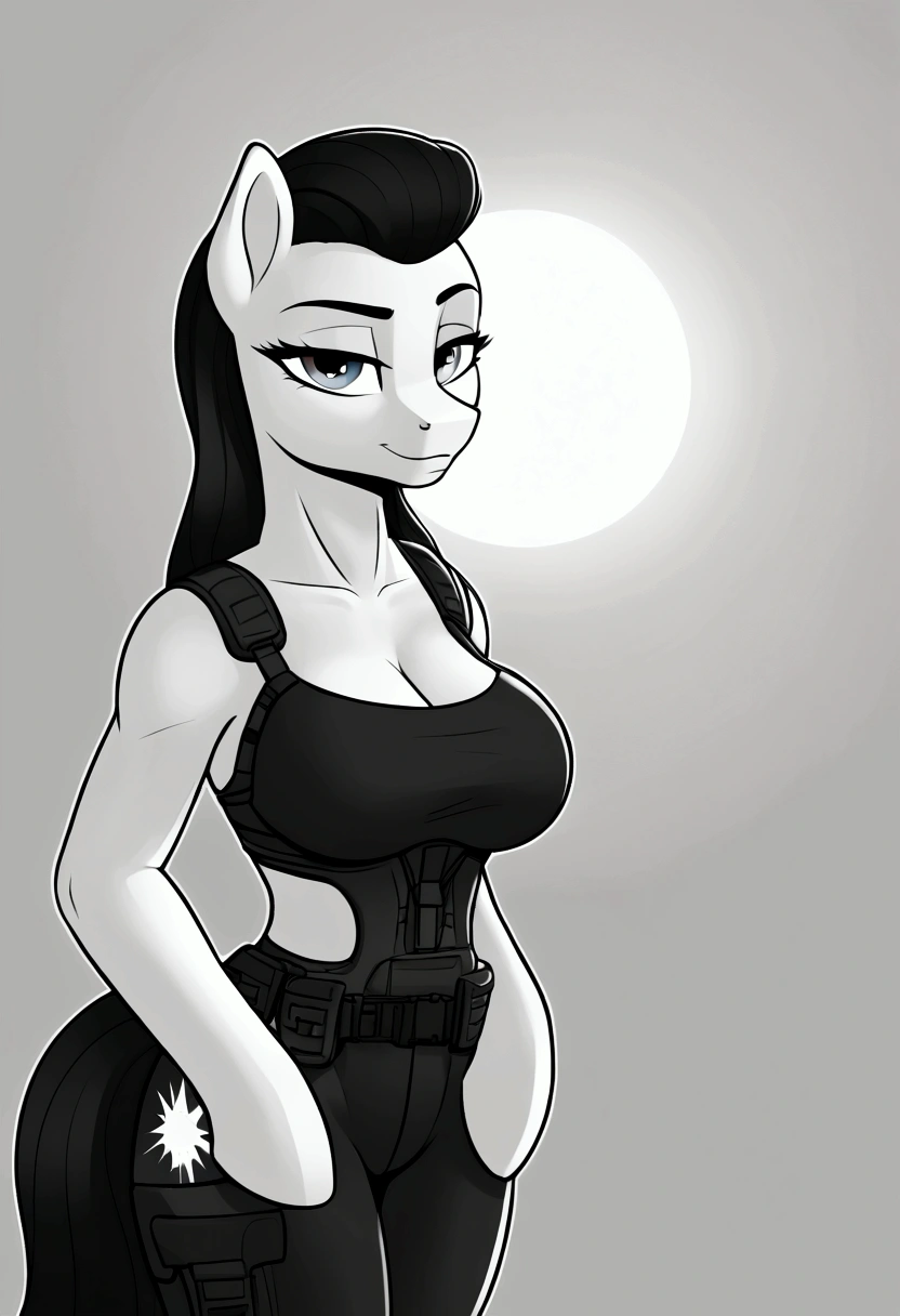 radiant lighting, vibrant colors, whimsical atmosphere, 8K, high resolution, highly detailed, masterpiece, ((my little pony)), (black-white hair), (pale body), (gray eyes) seductive face, woman's tactical gear, standing, big breasts, beautiful body