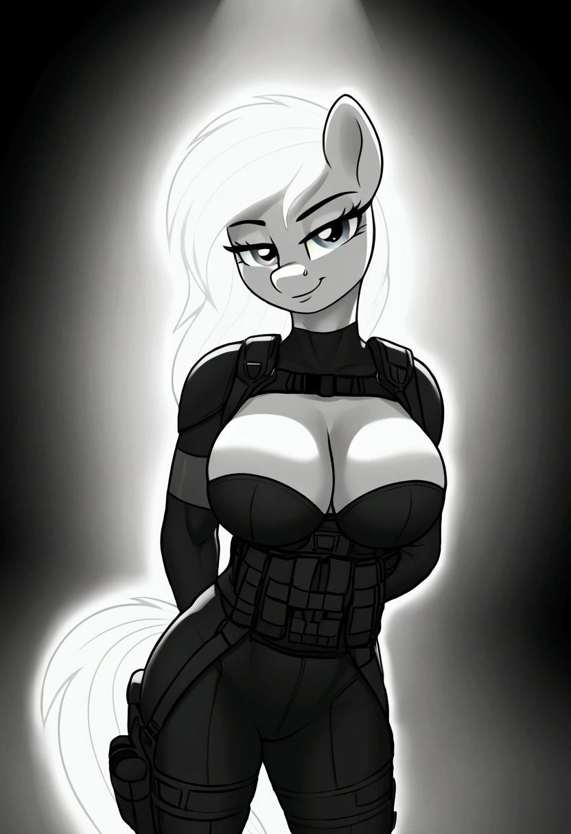 radiant lighting, vibrant colors, whimsical atmosphere, 8K, high resolution, highly detailed, masterpiece, ((my little pony)), (black-white hair), (pale body), (gray eyes) seductive face, woman's tactical gear, standing, big breasts, beautiful body